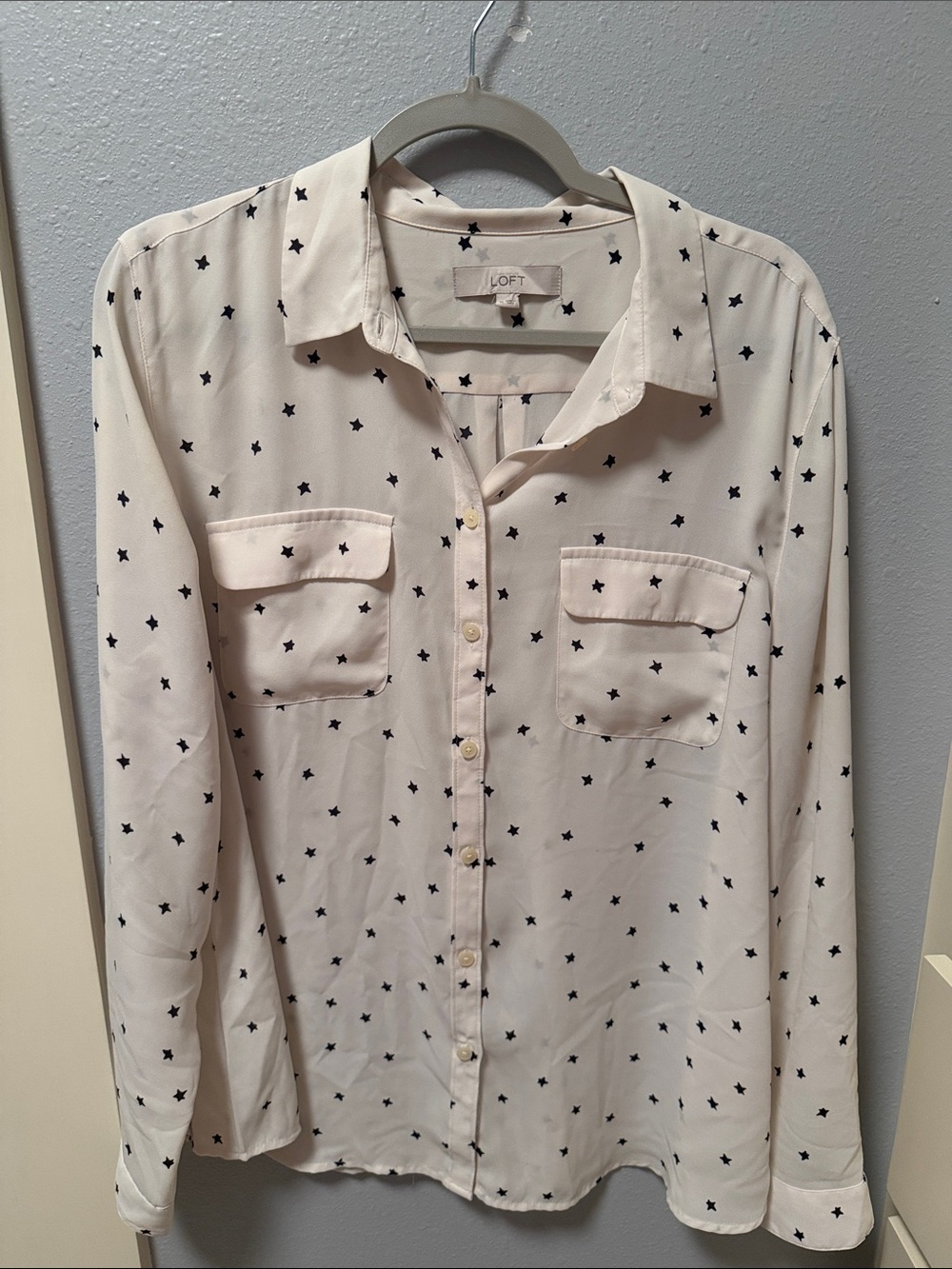 LOFT Cream Button-Down Shirt with Black Star Print